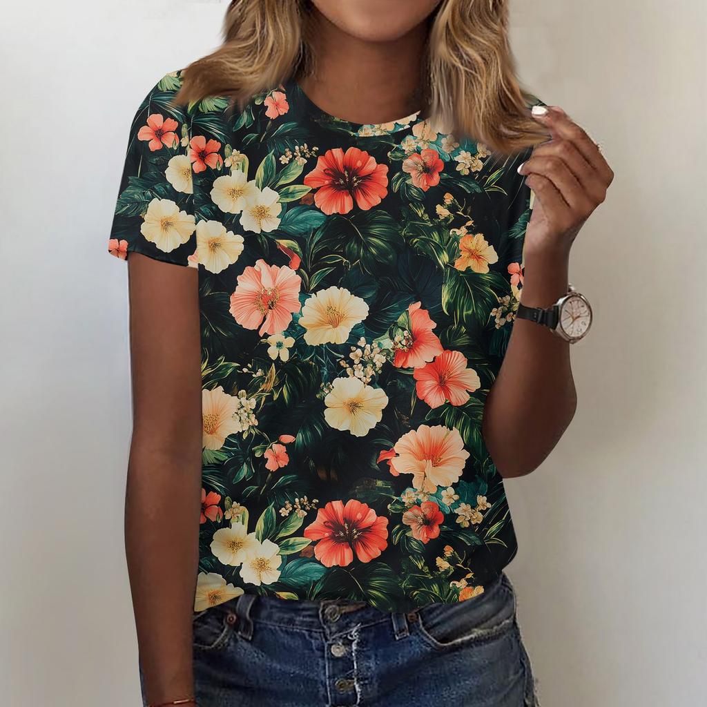 Women's Fashion Casual Printed Round Neck Short Sleeved T-Shirt Top T-Shirt Top Top