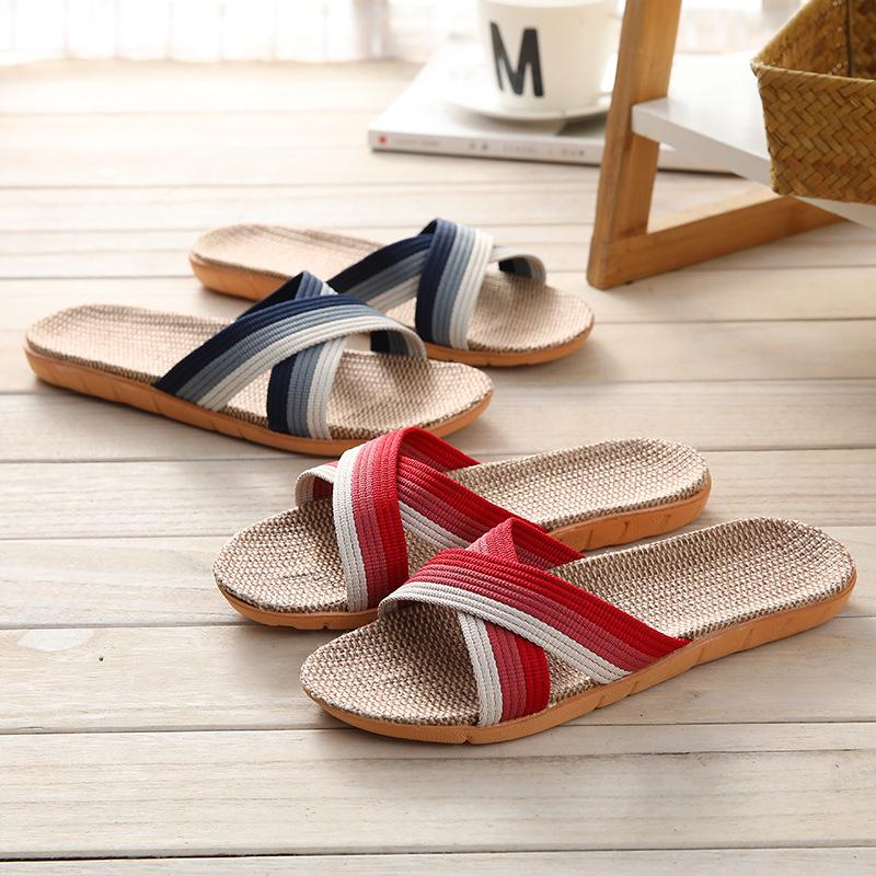 Летние льняные тапочки для дома, домашние пары, впитывающие пот, бесшумные деревянные полы, домашние сандалии и тапочки на толстой подошве из хлопка и льна