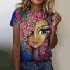 Summer Fashion Top Women 3d Floral T-Shirts Girls Face Painting Harajuku Colorful Beautiful Short Sleeve Tees Oversized Clothing