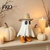 White Ghost Decoration Halloween Cowboy Statue, Spooky Resin Figurine, Western Tabletop Decor Sculpture with Boot And Hat for Mantel, Tiered
