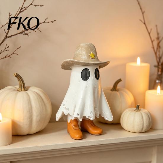 White Ghost Decoration Halloween Cowboy Statue, Spooky Resin Figurine, Western Tabletop Decor Sculpture with Boot And Hat for Mantel, Tiered