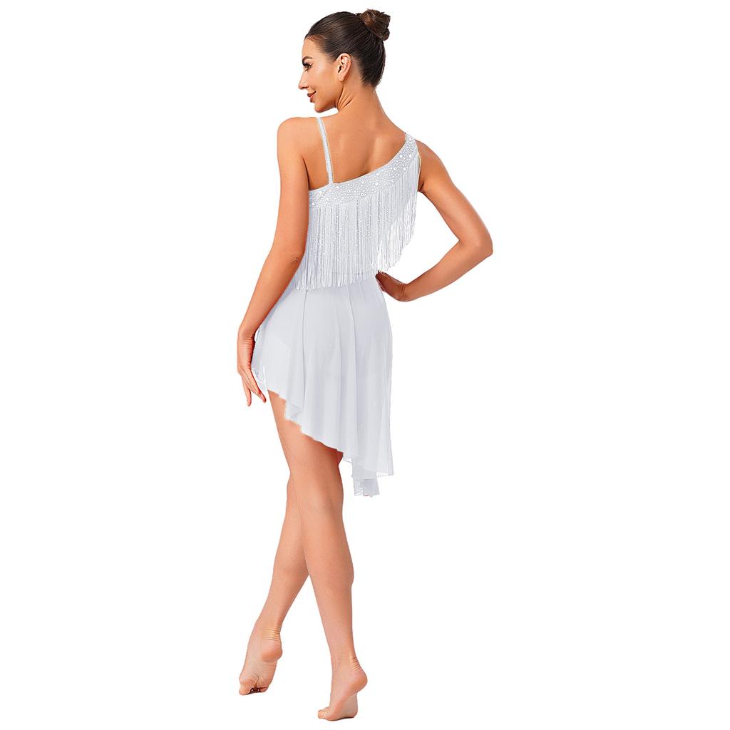 Glitter Rhinestone Asymmetrical Tassel Dress Openable Crotch Leotard with Irregular Hem for Women Latin Tango Competition