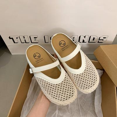 2025 летние новые полые сетчатые тапочки с сумкой на голову женские туфли с плоской подошвой и пряжкой на одной педали