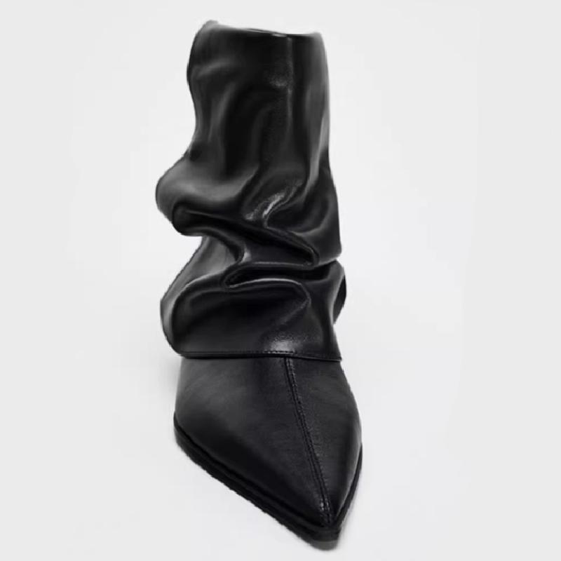 Black Pointed Toe Soft Leather Ankle Boots for Women Fashion Pleated Kitten Heel Designer Boots 2026 Winter New Botas Para Mujer