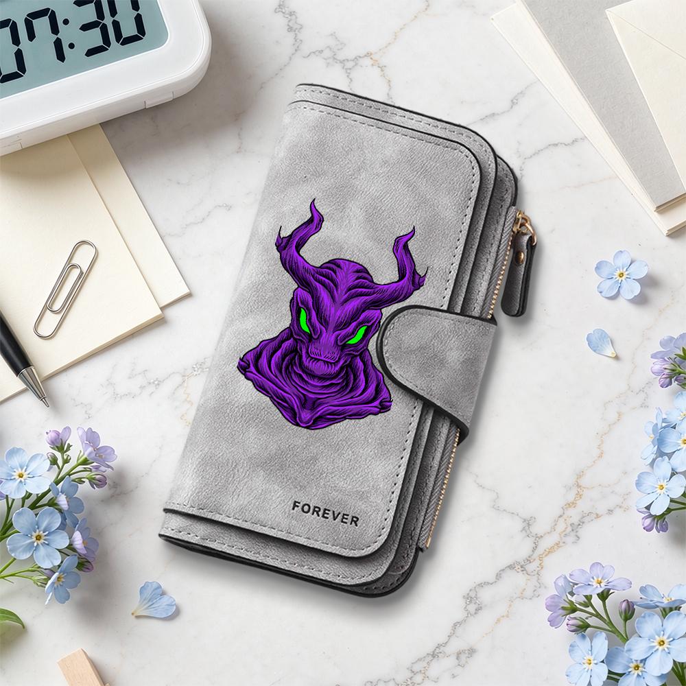 Gothic Purple Demon Pattern Long Wallet Cool Multislot Casual Card Holder Fashion Zipper Purse