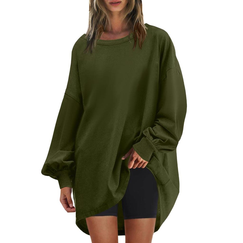 Женская негабаритная круглая толстовка, модный однотонный пуловер, туника с длинными рукавами, топы