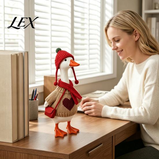 Holiday Gift for Colleagues 7 Inch Desk Goose Outfits, 4 Pcs Knitted Sweater Hat Scarf Polyester Outfit Crossbody Bag Winter Accessory Office, Shelf,