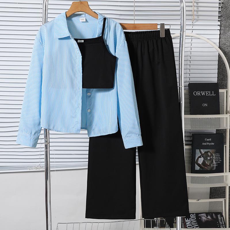 Девочковый трехпредметный комплект Весна 2026: Рубашка в полоску с лацканами, Топ-камисоль, Длинные брюки