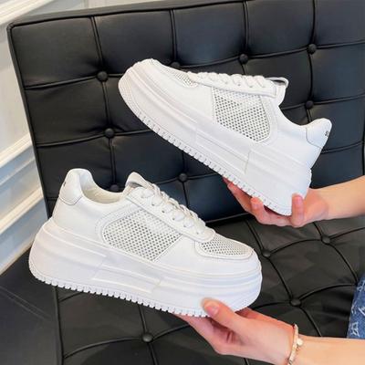 Толстые белые туфли с толстой подошвой, женские дышащие повседневные туфли из одинарной сетки, легкие кроссовки Ins Tide Muffin, спортивные туфли с полостью