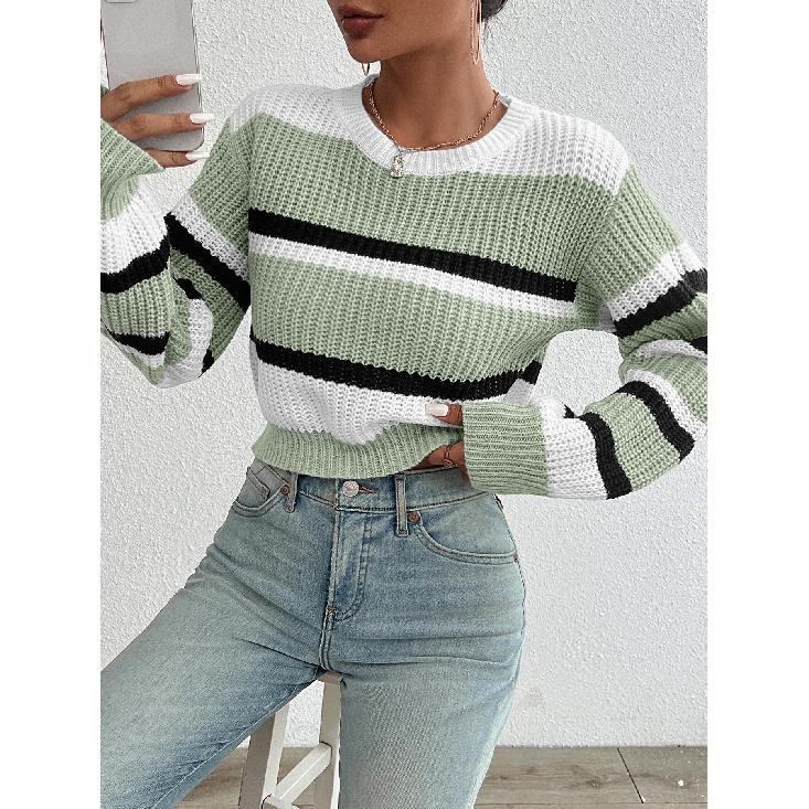 2026 Autumn and Winter Hot Sale New Acrylic Loose Drop Shoulder Round Neck Color Matching Knitted Long Sleeve Ladies Sweater