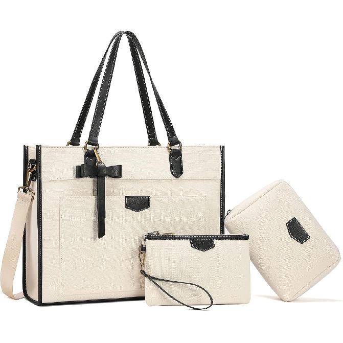 Keyli 3pcs Laptop Bag for Women,15.6 Inch Canvas Tote Bag Work Bags Large Business Computer Briefcase Shoulder Handbag Purse