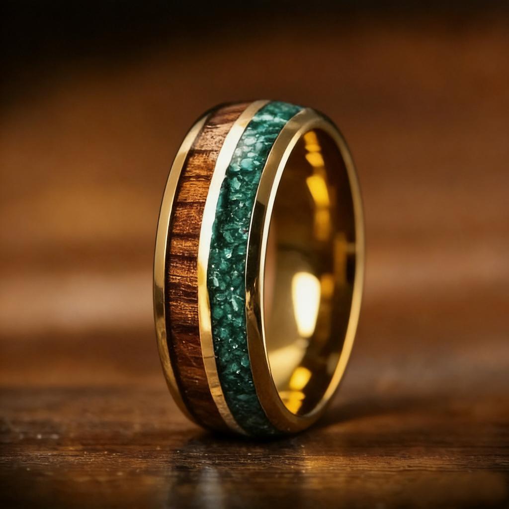 With Hawaiian Koa Wood Inlay Rings Matte Brushed Finish Fashion 8mm Black Stainless Steel Rings for Men Wedding Jewelry