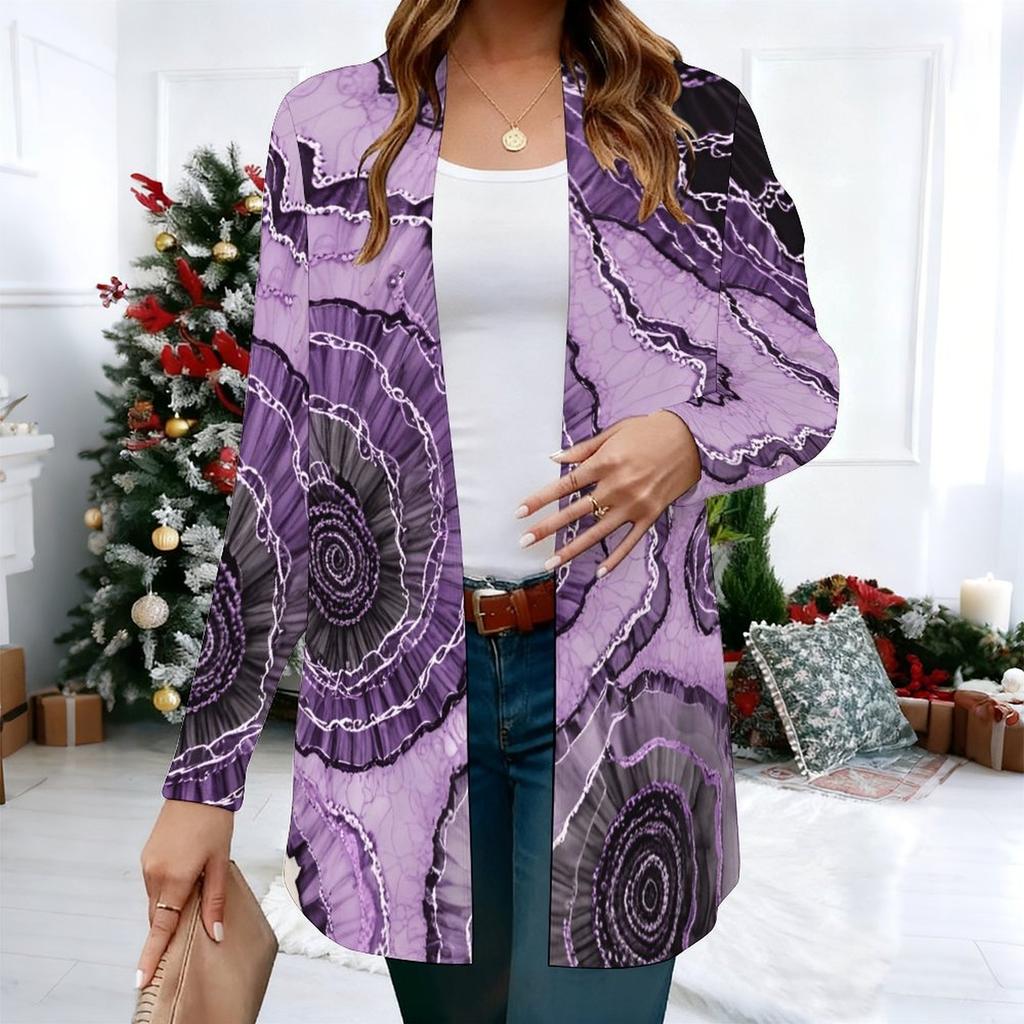 Women's Soft flowing marbled wash 3D Print Long Sleeve Open Front Cardigan, Casual Loose Fit Lightweight Street Style Outerwear