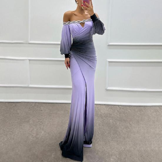 Женское вечернее платье с открытыми плечами, ажурное свадебное платье со стразами, обтягивающее плиссированное выпускное платье макси с длинными рукавами-фонариками и разрезом по низу, бальное платье