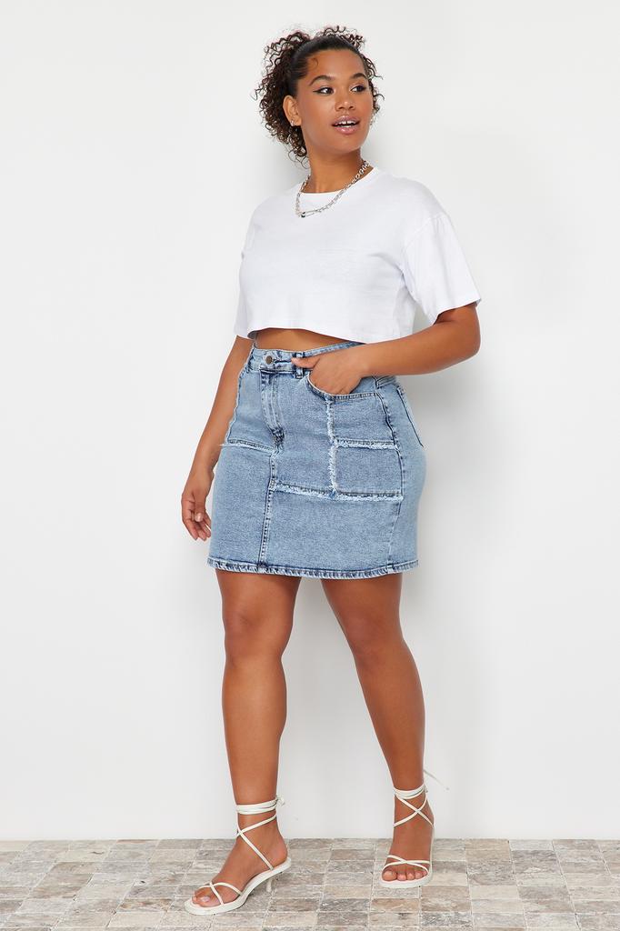 Women's Style Plus Size Skirt Light Blue Stitching and Tassel Detailed Mini Denim Skirt