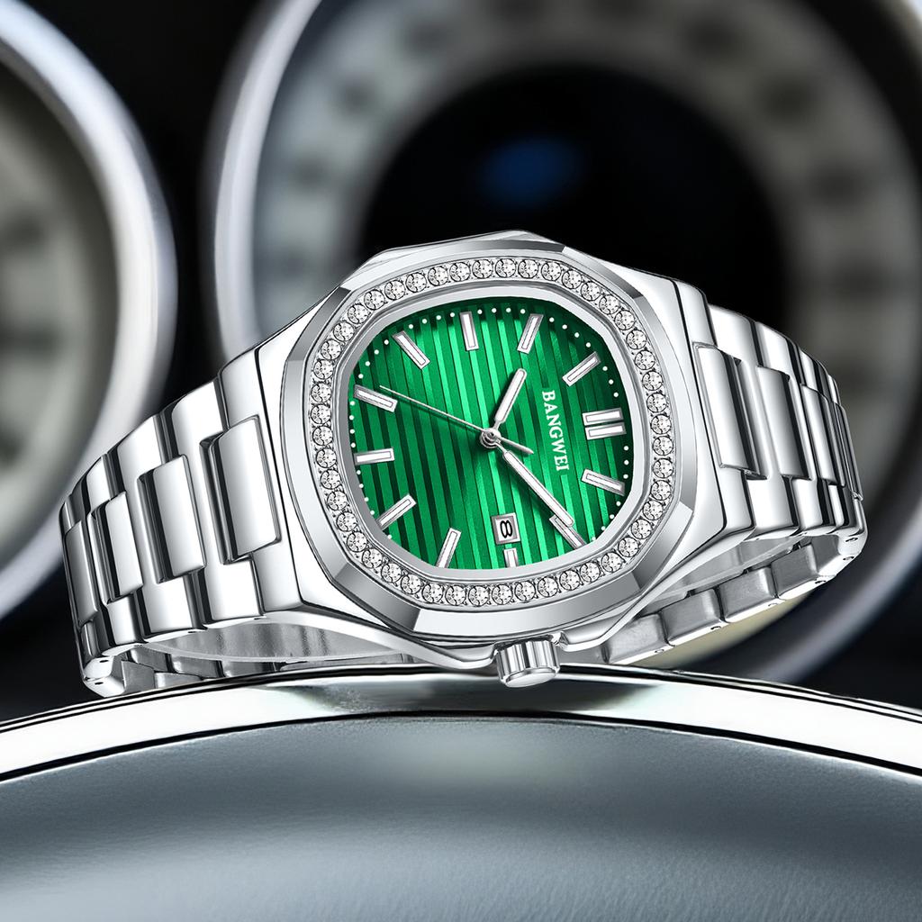 Роскошные кварцевые часы для мужчин Стальной ремешок Наручные часы Светящийся Автоматический дисплей даты Водонепроницаемые Мужские часы с квадратным циферблатом Подарок