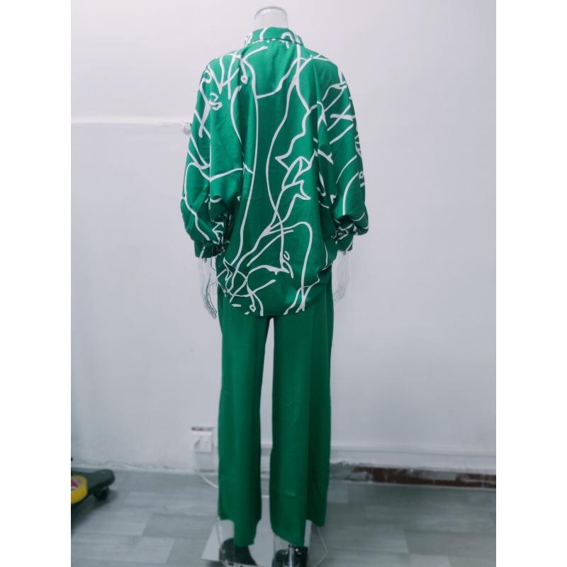 Women's Sets Casual Loose Plus Size Lapel Printed Long Sleeve Shirt Solid Color High Waist Wide Leg Pants