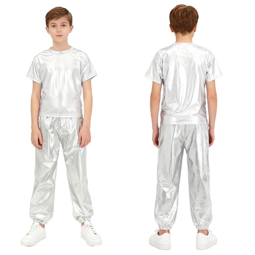 Children Stage Performance Outfit Kids Dance Party Costume Set Metallic Shiny T Shirt with Pants Unisex Ballet Jazz Wear