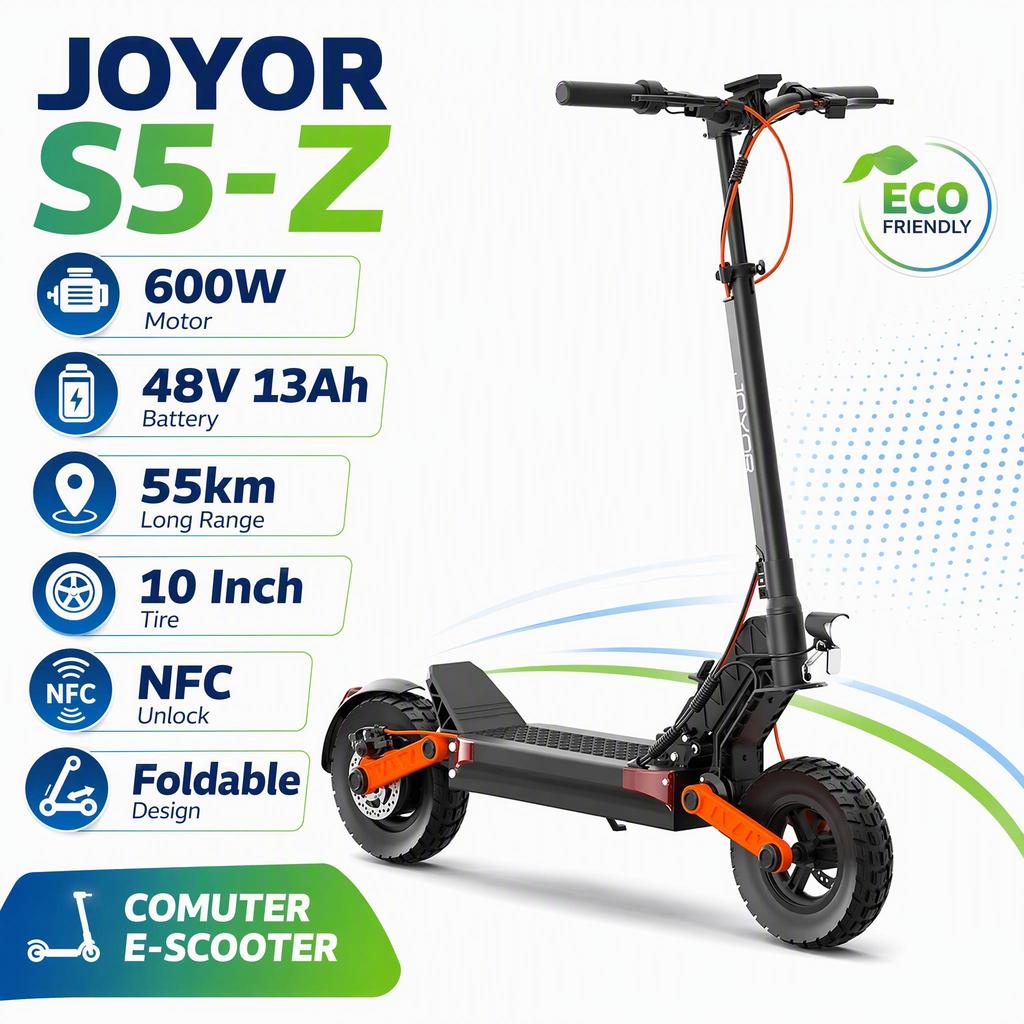 JOYOR S5-Z Electric Scooter for Adults 600W Motor 48V 13Ah Battery 55km Long Range 10" Tire NFC Unlock Foldable Commuter E-Scooter
