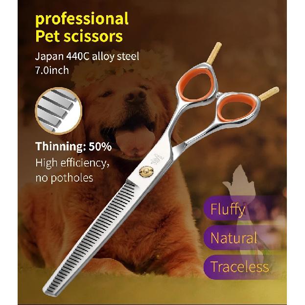 Fenice Professional 7.0 inch Pet Grooming Scissors Fluffy Traceless Dog Thinning Scissors Shears Thinning Rate 50%