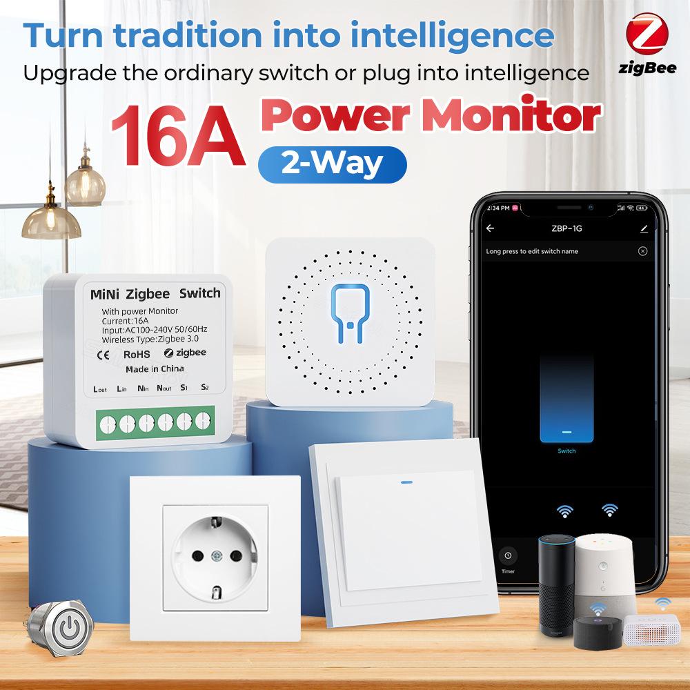 Tuya Zigbee/WiFi Мини-умный переключатель-реле с мониторингом мощности 16А Двухстороннее управление Автоматический выключатель Таймер Работает с Alexa Google Home Алиса