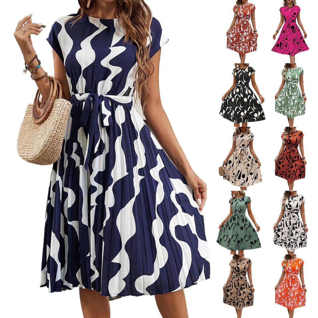 Women's Casual Fashion Abstract Print Pleated Cuff Dress
