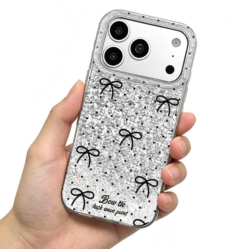 Black - White Dots and Bows Case for iphone 12 18 Pro Max 17 Pro Air 11 15 XR XS Max 16 Plus 14 13 Silver Crushed Foil Cover