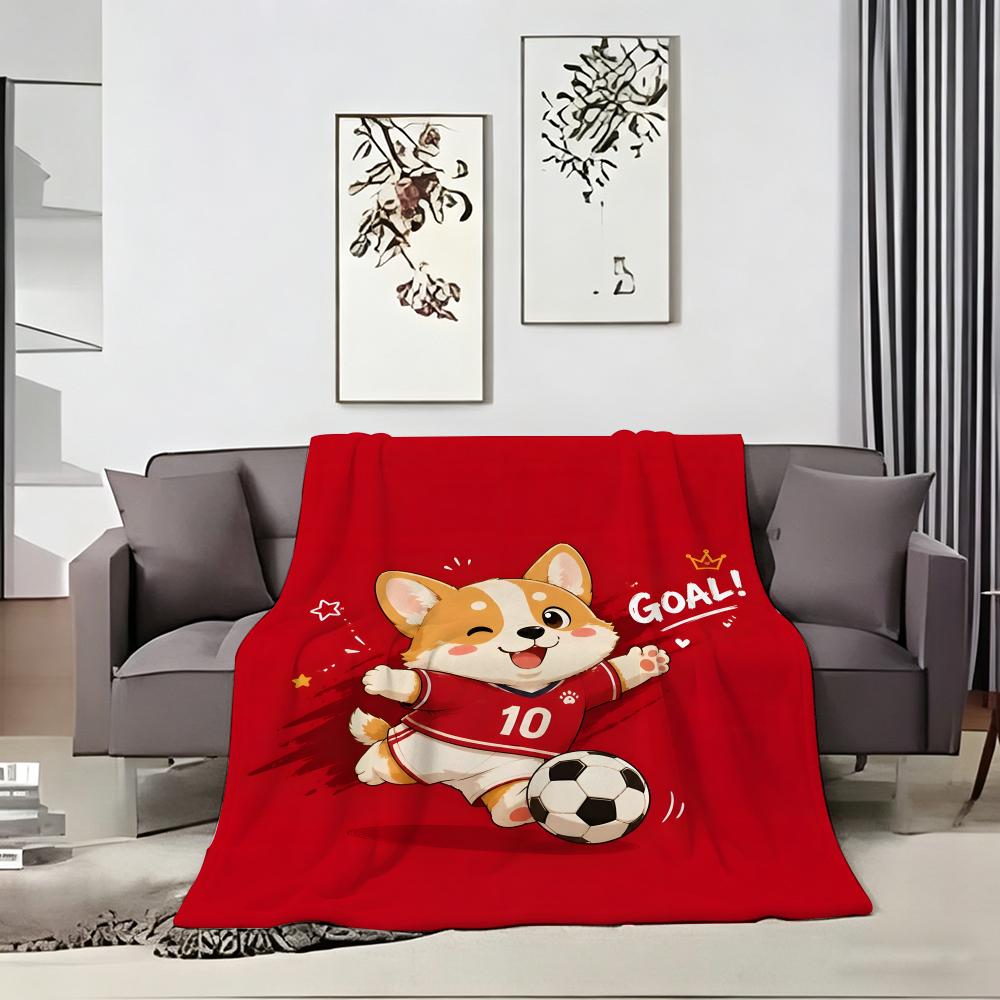 Иллюстрация C-Cute Чиби Футбольный Корги Плед Легкий 240 г Фланелевый Мягкий Для Кожи Для Летнего Охлаждения
