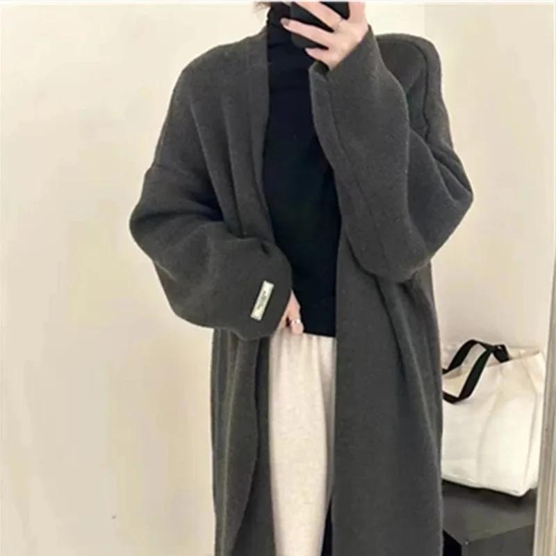 Вязаные длинные кардиганы для женщин, пальто, однотонный свитер осень-зима, ажурная вязка, модная верхняя одежда, элегантный повседневный кардиган