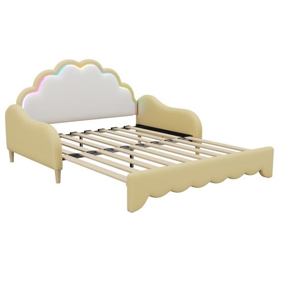 Shell Shape Flat Bed with Headboard Ambient Light Remote Control Mattress Wood Slat Support Bed Bedroom