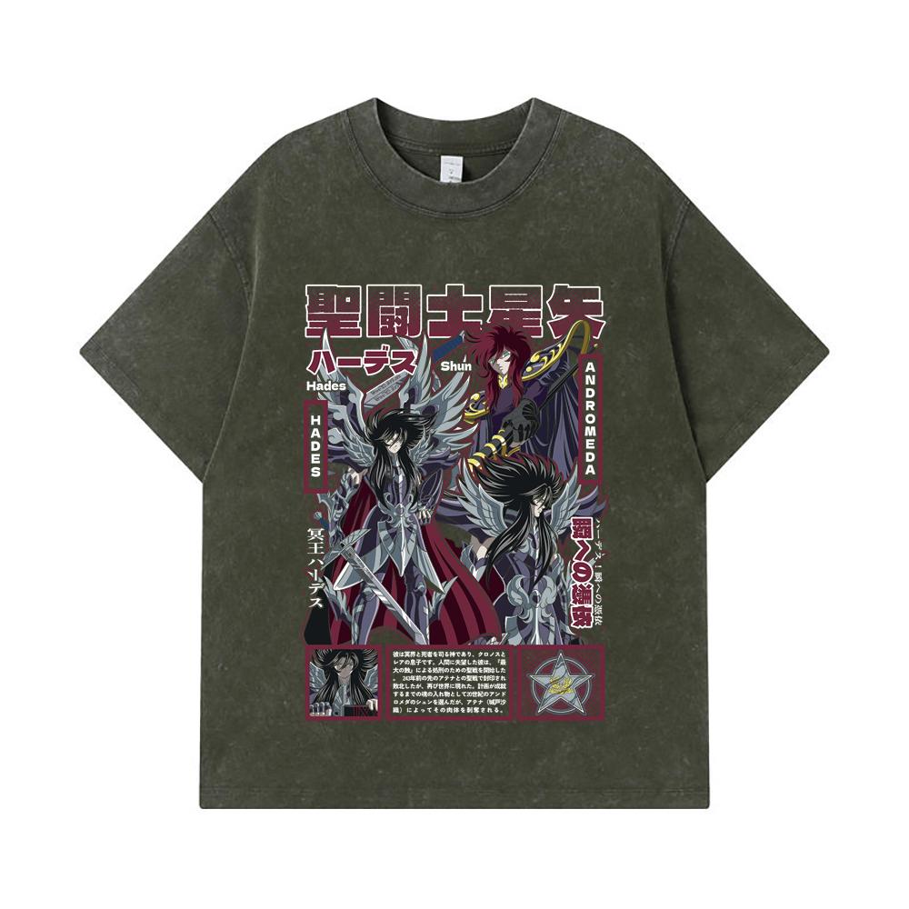 Стиранные футболки 275 г/м² 100% Хлопок Saint Seiya V4 Принт Аида Унисекс Тяжелая Хлопковая Футболка