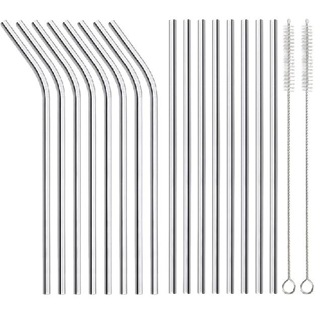 16 Pack of Reble Stainless Steel Metal Straws, 8 Straight + 8 Bent 8.5 inch Metal Straws with 2 Cleaning Brushes, Straw Compatible with 20oz Stanley