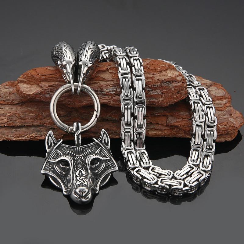 New High Quality Norse Mythology Vikings Odin Crow Wolf Head Pendant Necklace Emperor Chain Necklace
