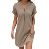 Women's Fashion V-neck Solid Color Pullover Casual Button Dress