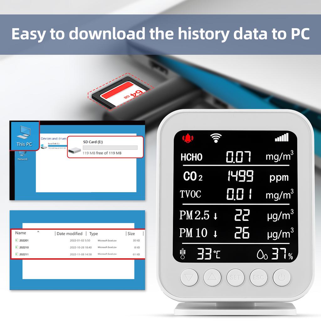 Монитор качества воздуха в помещении Приложение Tuya Wi-Fi Детектор формальдегида CO2 PM2.5 PM10 Тестер TVOC Тип-C