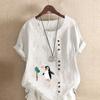 Women's Fashion Round Neck Short Sleeve T-shirt Casual Cotton Linen Graphic Shirt Leisure Loose Penguin Prined Summer Blouse Tops