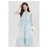 Seaside Vacation Wind Mint Green Neck Dress Irregular Lace Splicing Loose a Word Long Dress Women's Summer