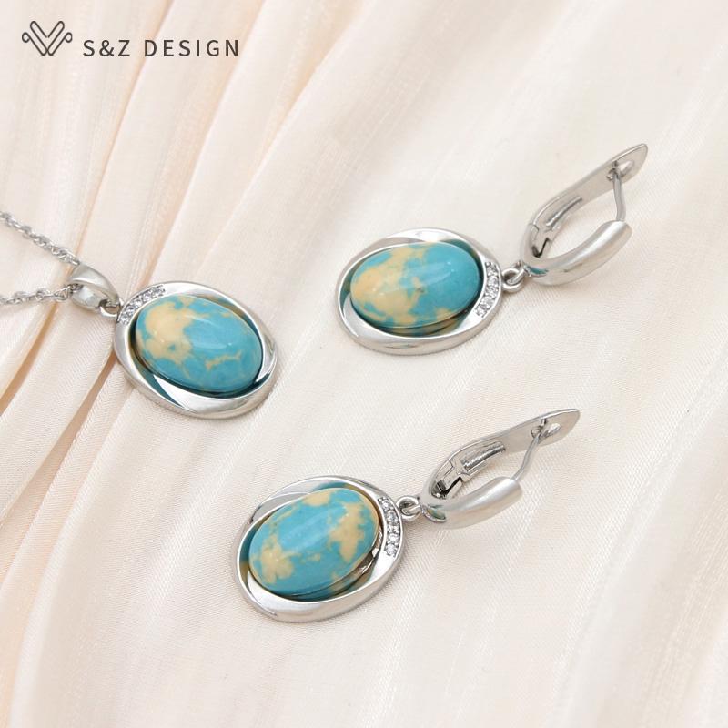 Винтажные элегантные серьги в форме яйца цвета розового золота, овальные серьги с имитацией бирюзы, комплекты ювелирных изделий для женщин, свадебное ожерелье с подвеской