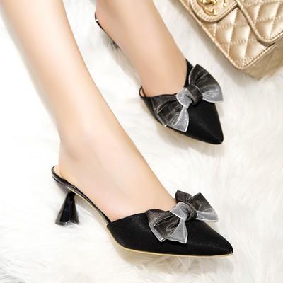 Модная летняя обувь Женские тапочки с острым носком Туфли женские Шлепанцы Туфли с бантом на высоком каблуке Туфли с закрытым носком Zapatos mujer sdc4