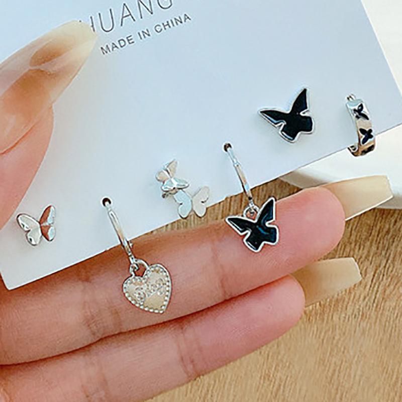 Y2K 6Pcs/set Silver Color Rhinestone Butterfly Stud Earrings for Women Fashion Punk Heart Earring Sets 2026 Trendy Jewelry Gifts