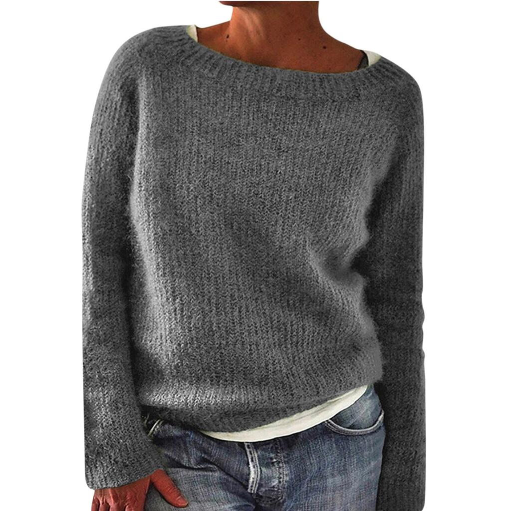 Женский модный повседневный однотонный круглый вырез пуловер свободный свитер с длинными рукавами топ