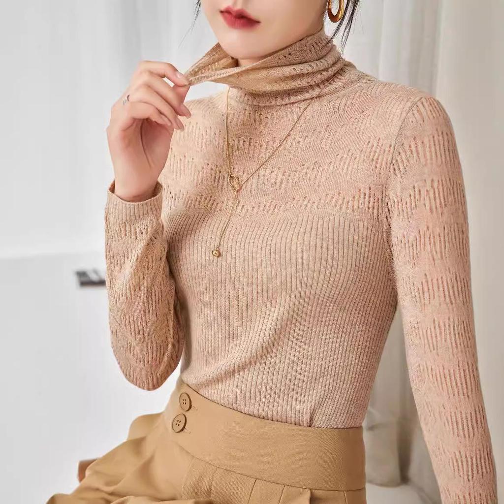 Autumn/Winter Slim Fit Knit Sweater with Hollow Design & Turtleneck