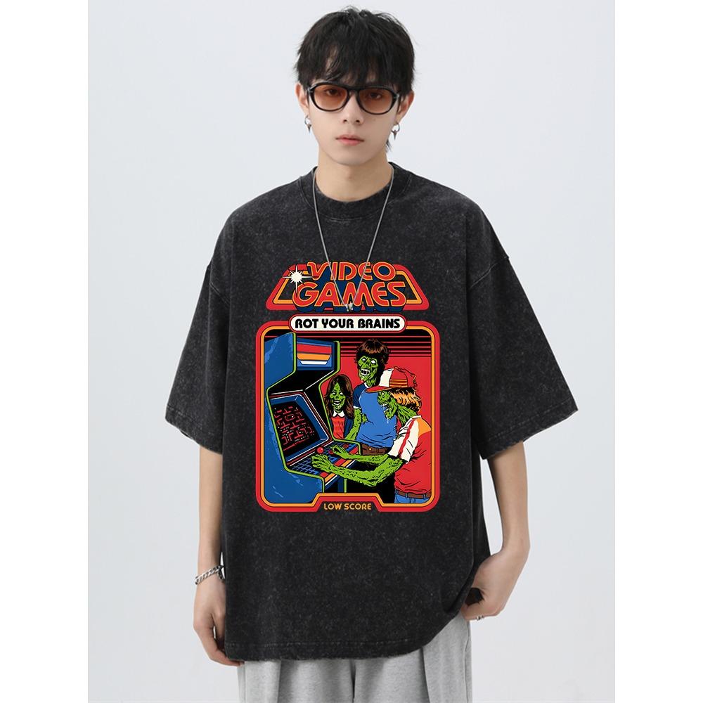 Video Games Rot Your Brains Printing Washed Retro Male Tshirt Oversized Loose T Shirts Cotton T Shirts Breathable