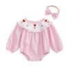 Baby Girls Plaid Romper Lace Trim Heart Bow Embroidery Long Sleeve Jumpsuits and Cute Headband Set for Toddler