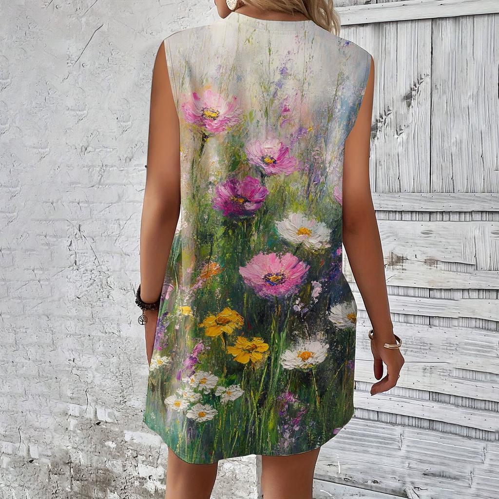 Women's Casual And Fashionable Round-neck Sleeveless Printing Mid Length Dress