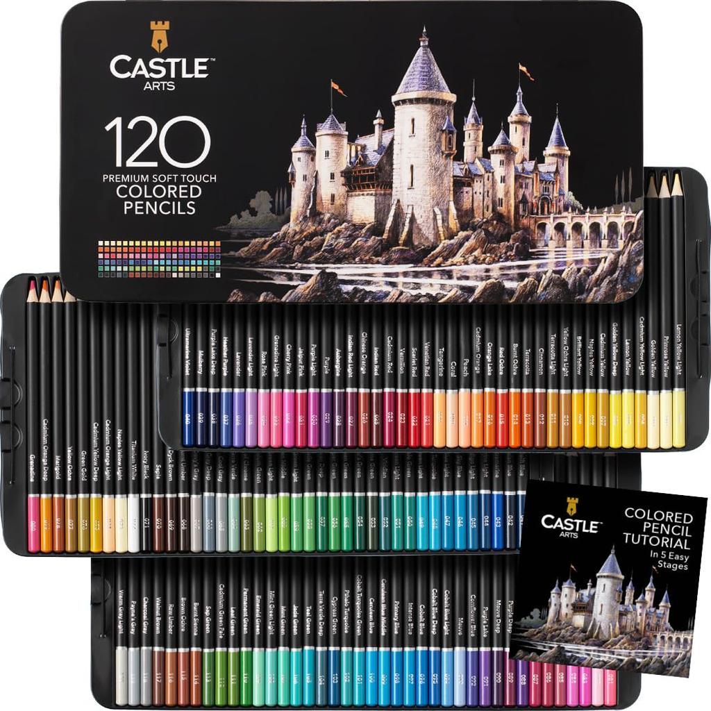 Castle Art Surprise Pencil Set Colored Pencils for Adult and Colorists Protective Tin Case for Easy Organization 120-Colored Soft-Core Artists,