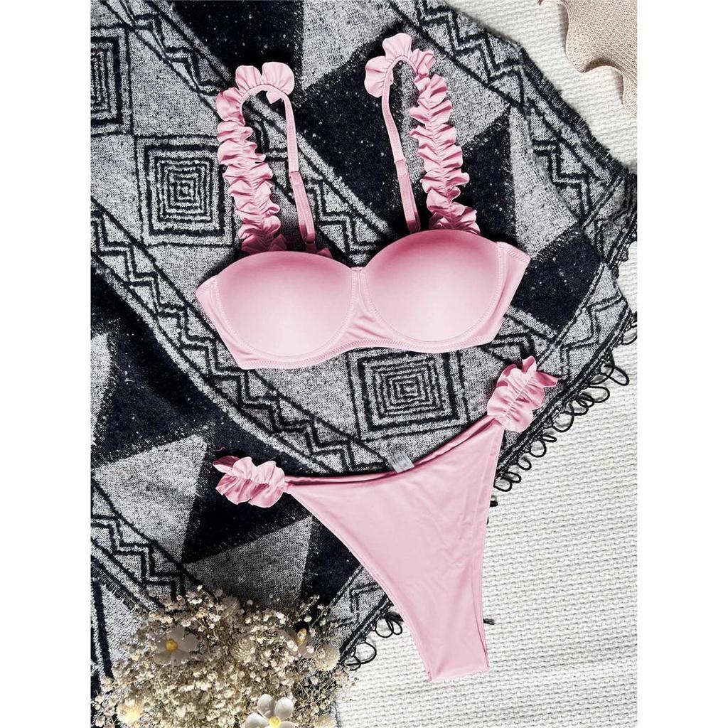 Новый купальник бикини с рюшами и пуш-ап, женский купальник, женский комплект бикини из двух частей с чашкой бюстгальтера, купальный костюм, купальный костюм для леди