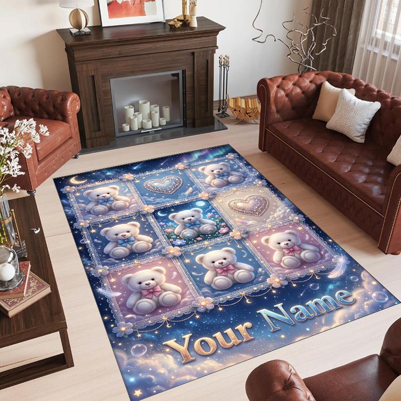 Teddy Bear Theme Crystal Velvet Rug Personalized Custom Name Text Soft Floor Mat Home Decor