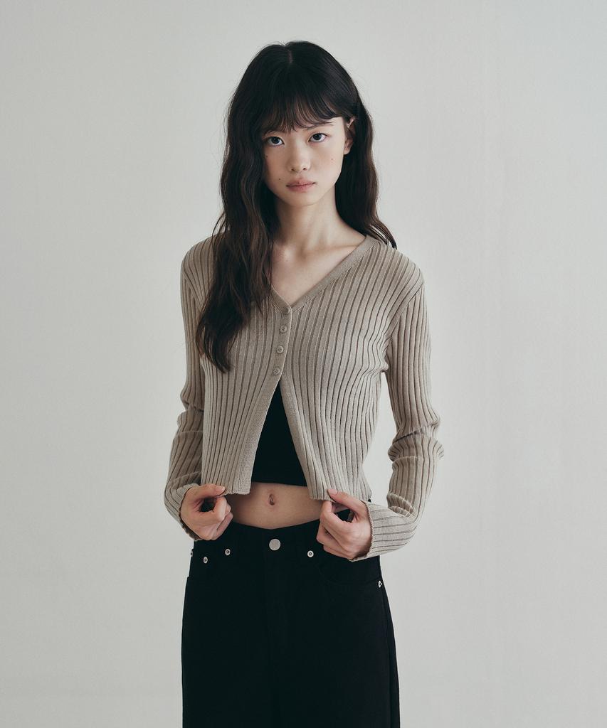 LOEIL Slim Button Ribbed Knit Cardigan - Beige