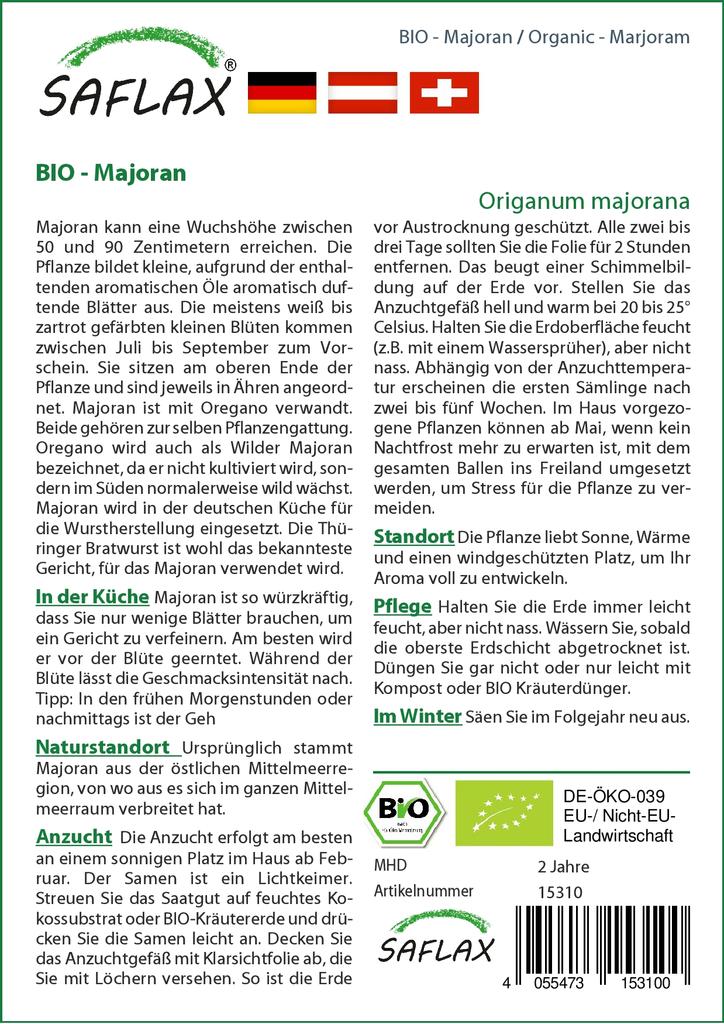 SAFLAX Garden in the Bag - Органический - Майоран - 700 семян - С субстратом в удобном стоячем пакете - Origanum majorana